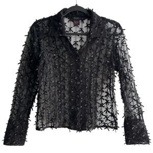 Black Y2K Sheer Textured Button Down Collared Blouse Small Dark Fairy Vampy Goth